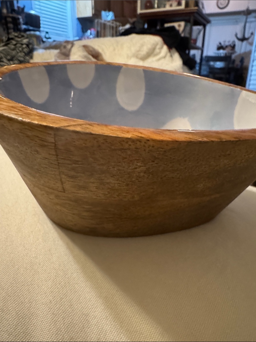 Wooden hand carved mango, wood Bowl with Polka Dot Interior - Blue & White
